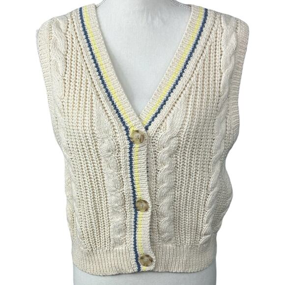 American Eagle Sweater Vest Cable Knit Cropped Cream Striped Button Up M NEW - Picture 1 of 11
